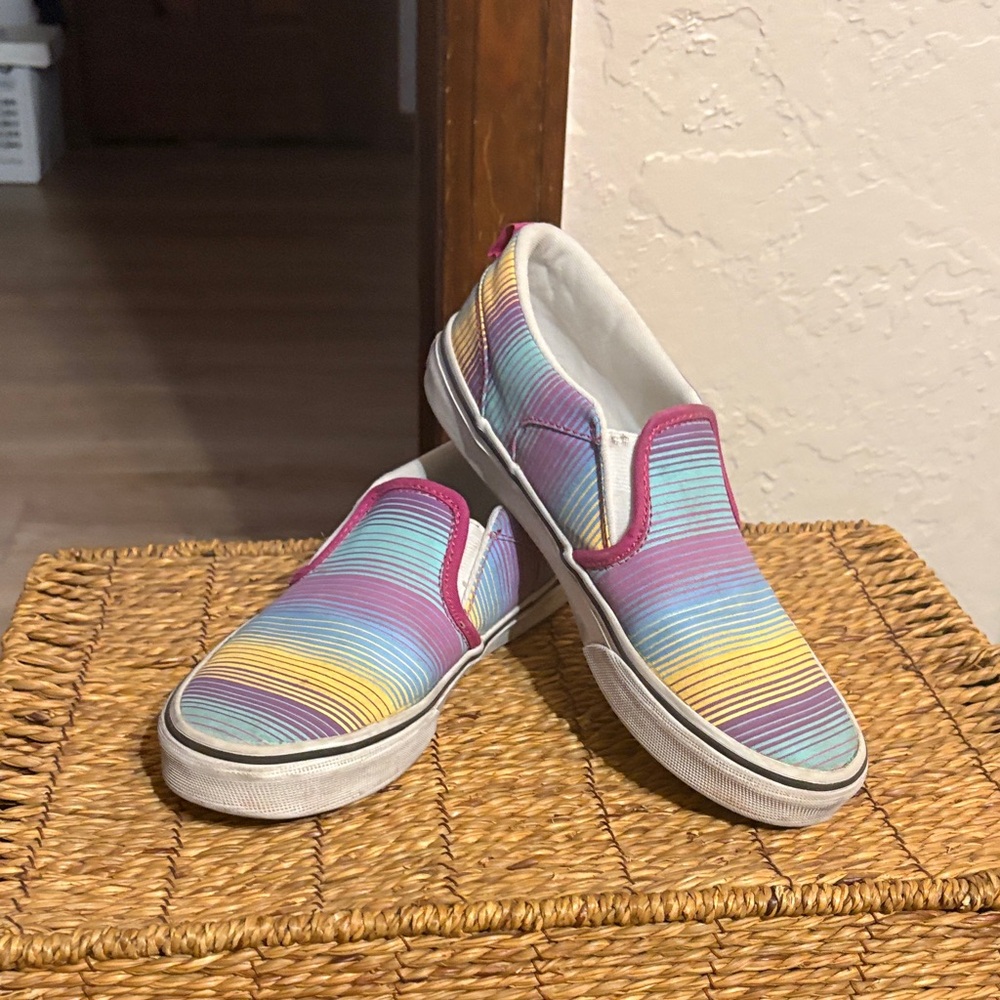 Vans Pastel Stripe Slip-On Flats in Pink, Blue & Yellow